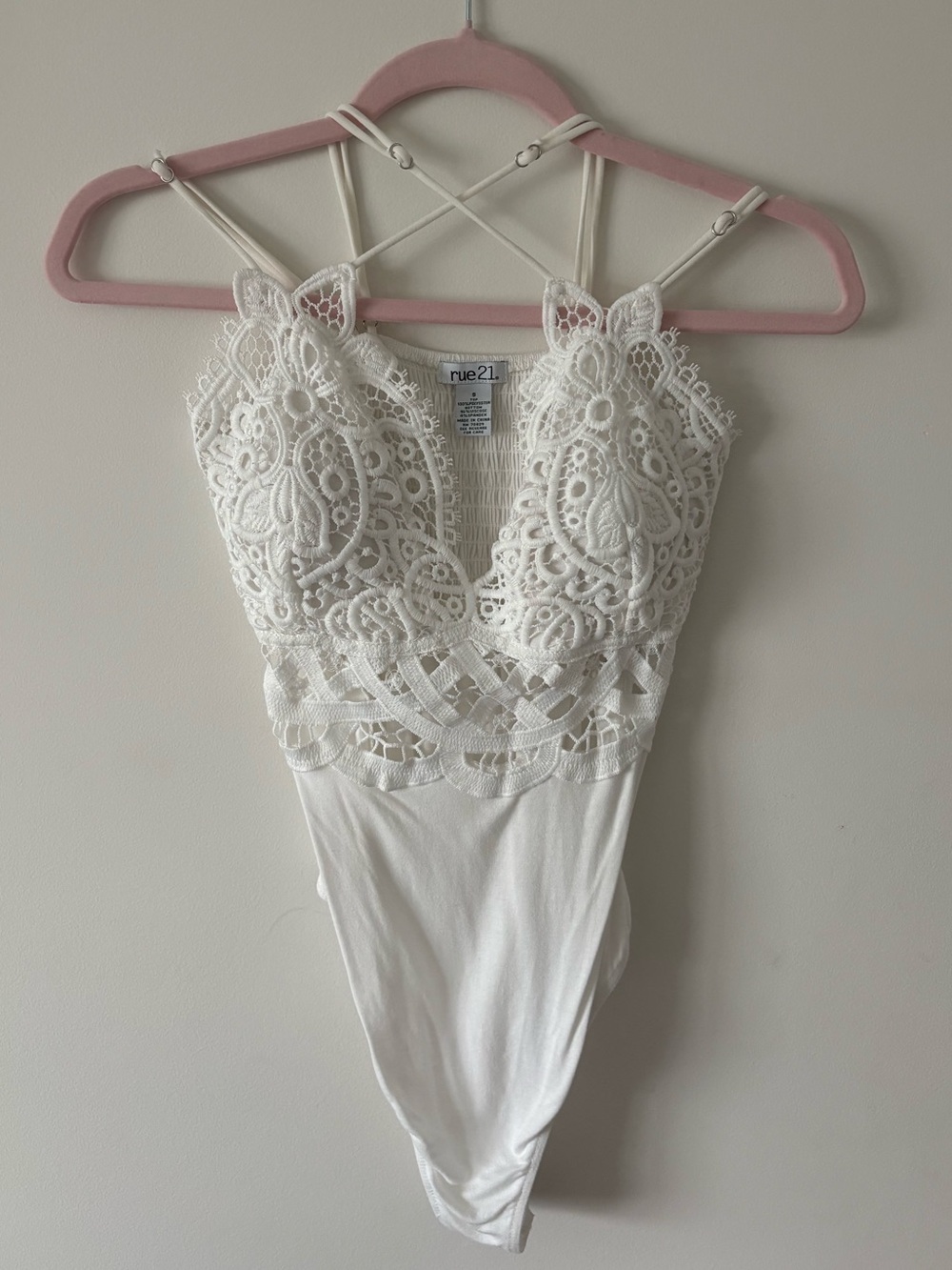 Rue21 White Lace Crochet Bodysuit with Strappy Back